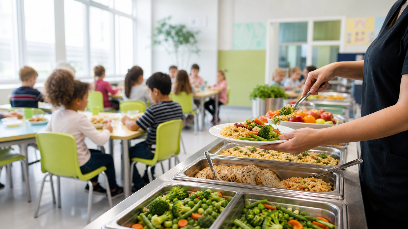 Healthy hot school meals served in a bright cafeteria